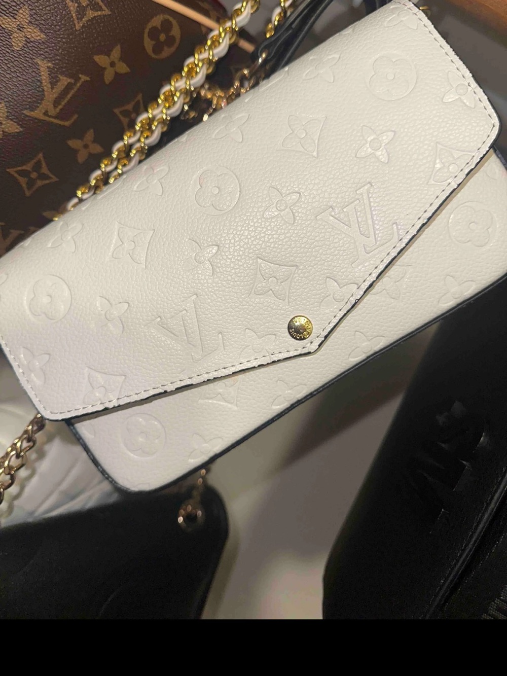 Embossed Monogram Envelope Crossbody with Gold Chain
